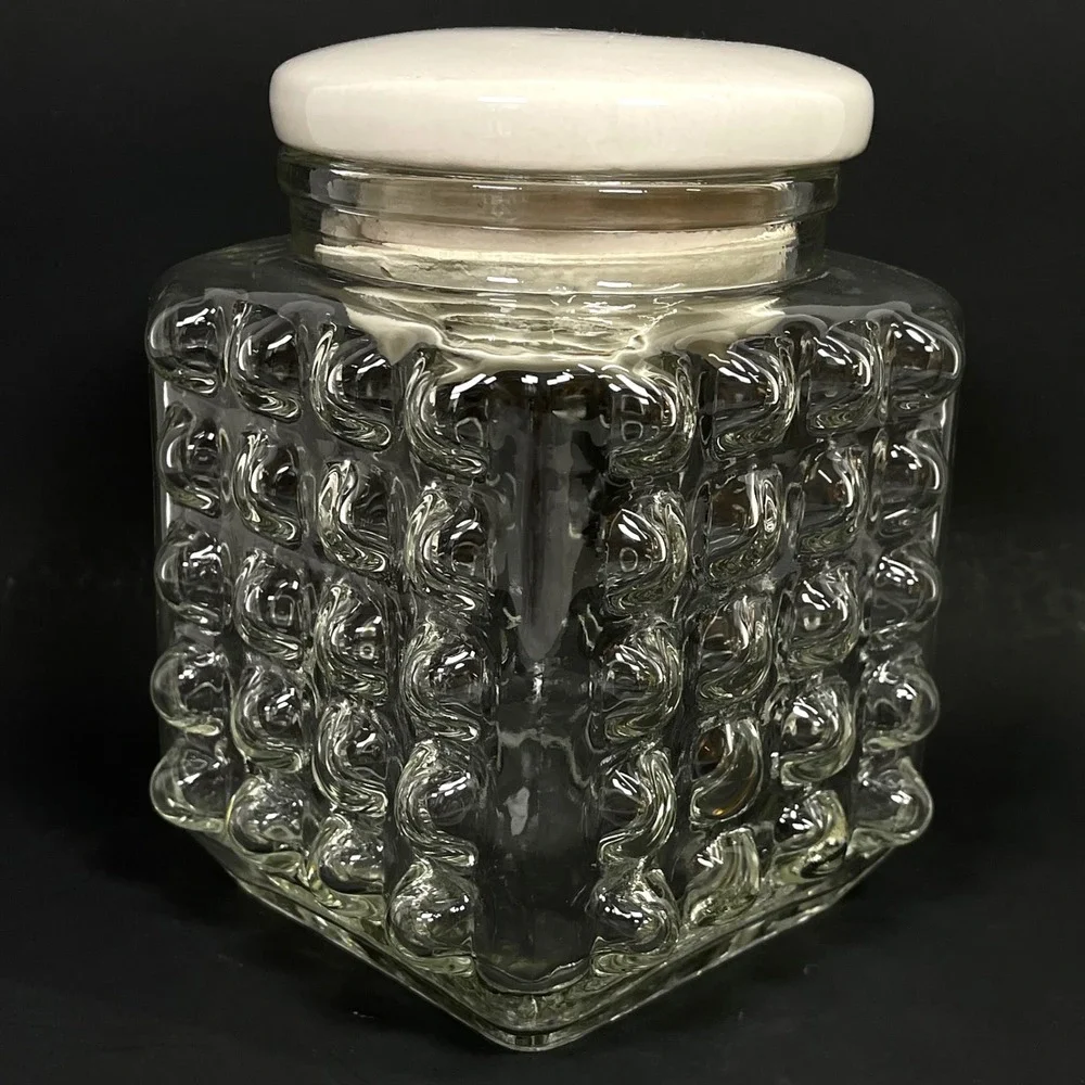 Vintage Hobnail Glass Apothecary Canister Jar Clear Square Ceramic Lid MCM Retro